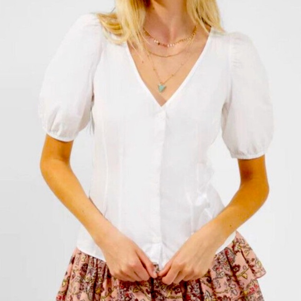 French Connection White Armina Organic Puffed Sleeve Poplin Top (SZ XS)